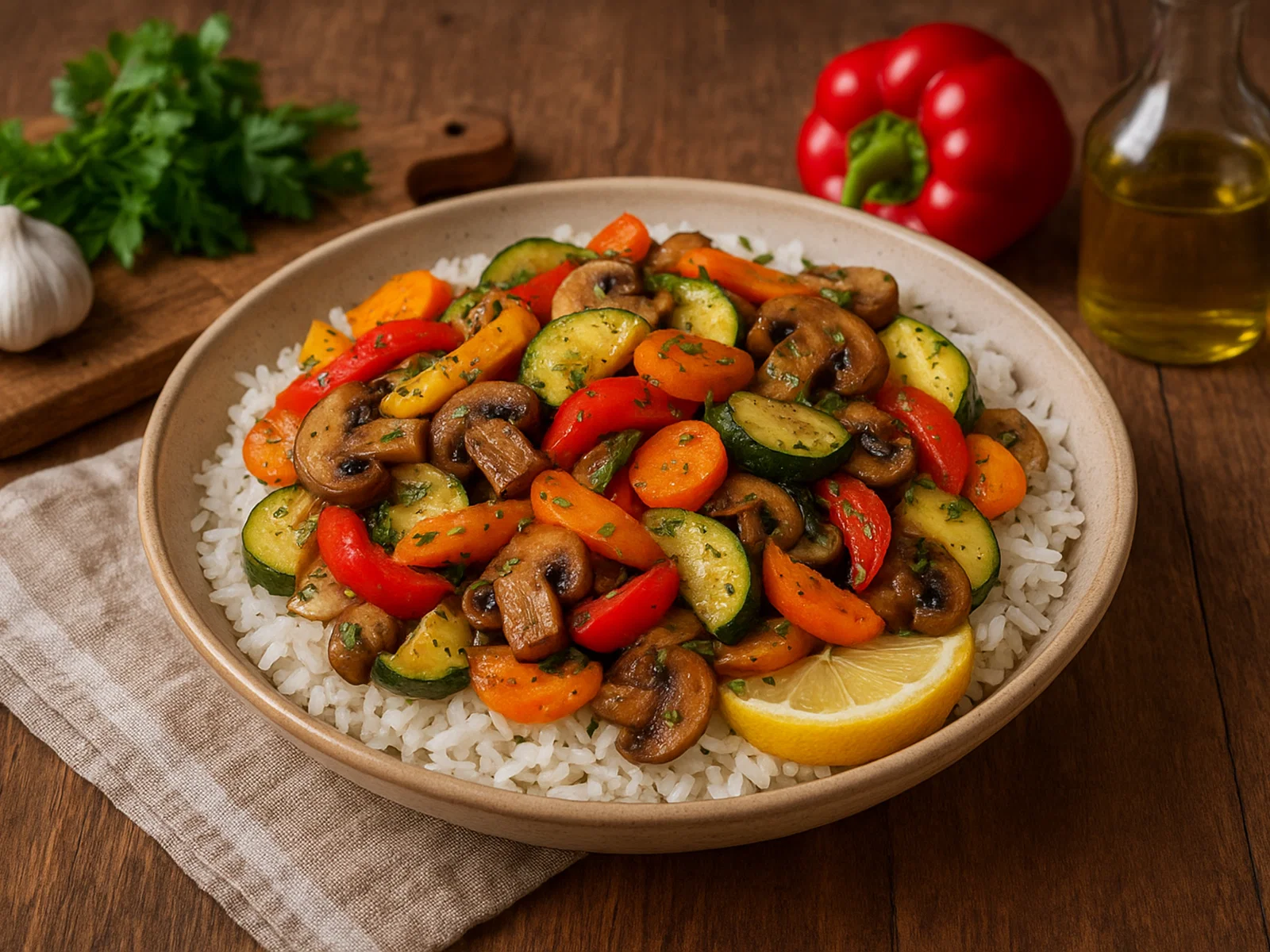 Bunte Gemüsepfanne mit Reis