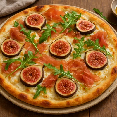 Ziegenkäse-Pizza mit Feigen, Prosciutto und Rucola