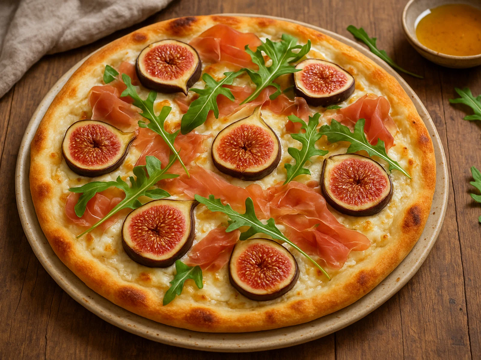 Ziegenkäse-Pizza mit Feigen, Prosciutto und Rucola