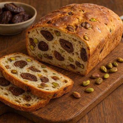 Feigen-Pistazien-Brot (luftiges Hefebrot mit Trockenfeigen und gerösteten Pistazien)