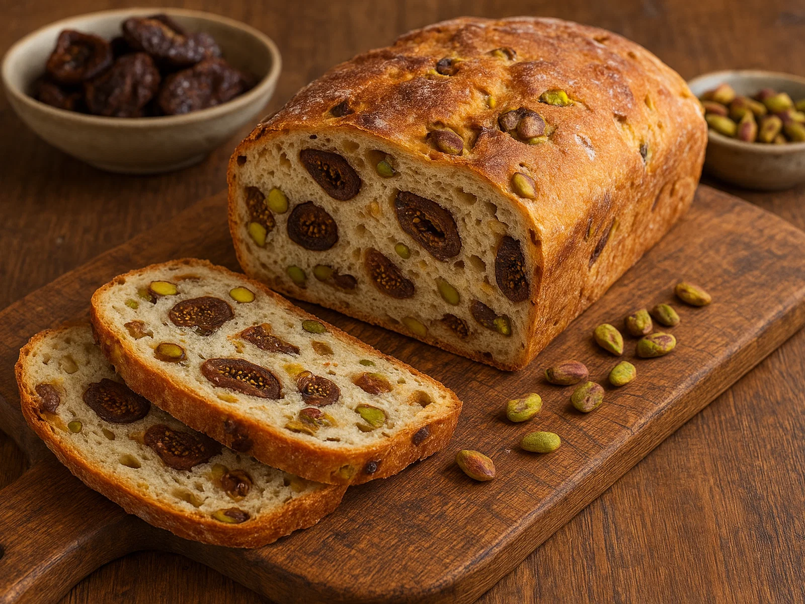 Feigen-Pistazien-Brot (luftiges Hefebrot mit Trockenfeigen und gerösteten Pistazien)
