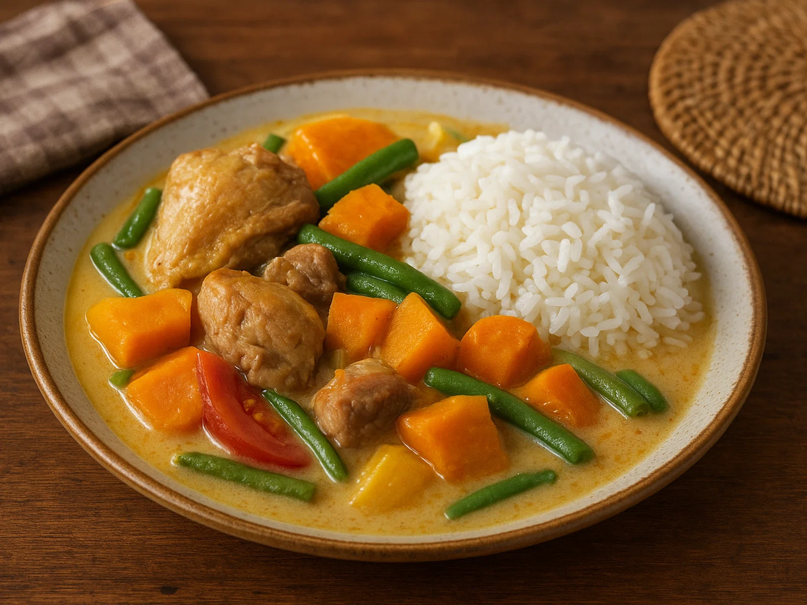 Kanakische Bougna mit Hühnchen, Schwein und Jasminreis