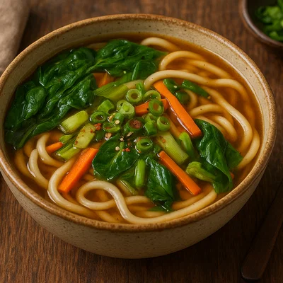 Udon Suppe mit Gemüse und Dashi-Brühe