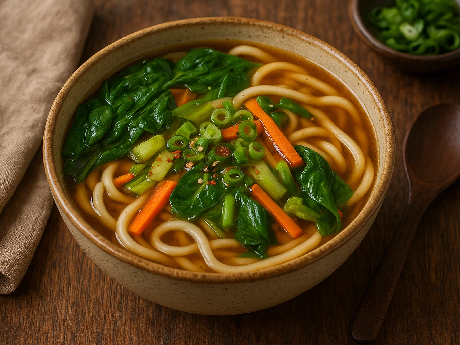 Udon Suppe mit Gemüse und Dashi-Brühe