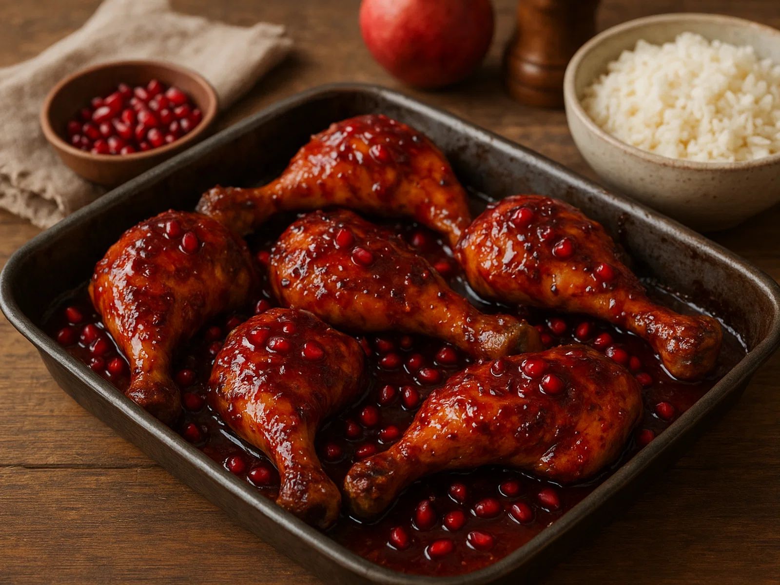 Hähnchen mit Granatapfel-Glasur aus dem Ofen