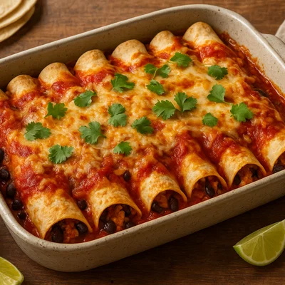 Hähnchen-Enchiladas mit Bohnen, Käse und Tomatensauce