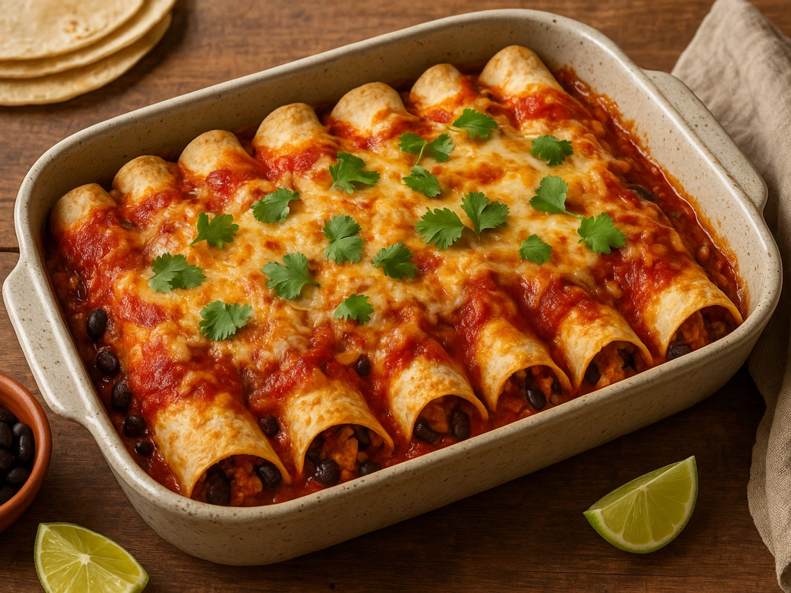 Hähnchen-Enchiladas mit Bohnen, Käse und Tomatensauce