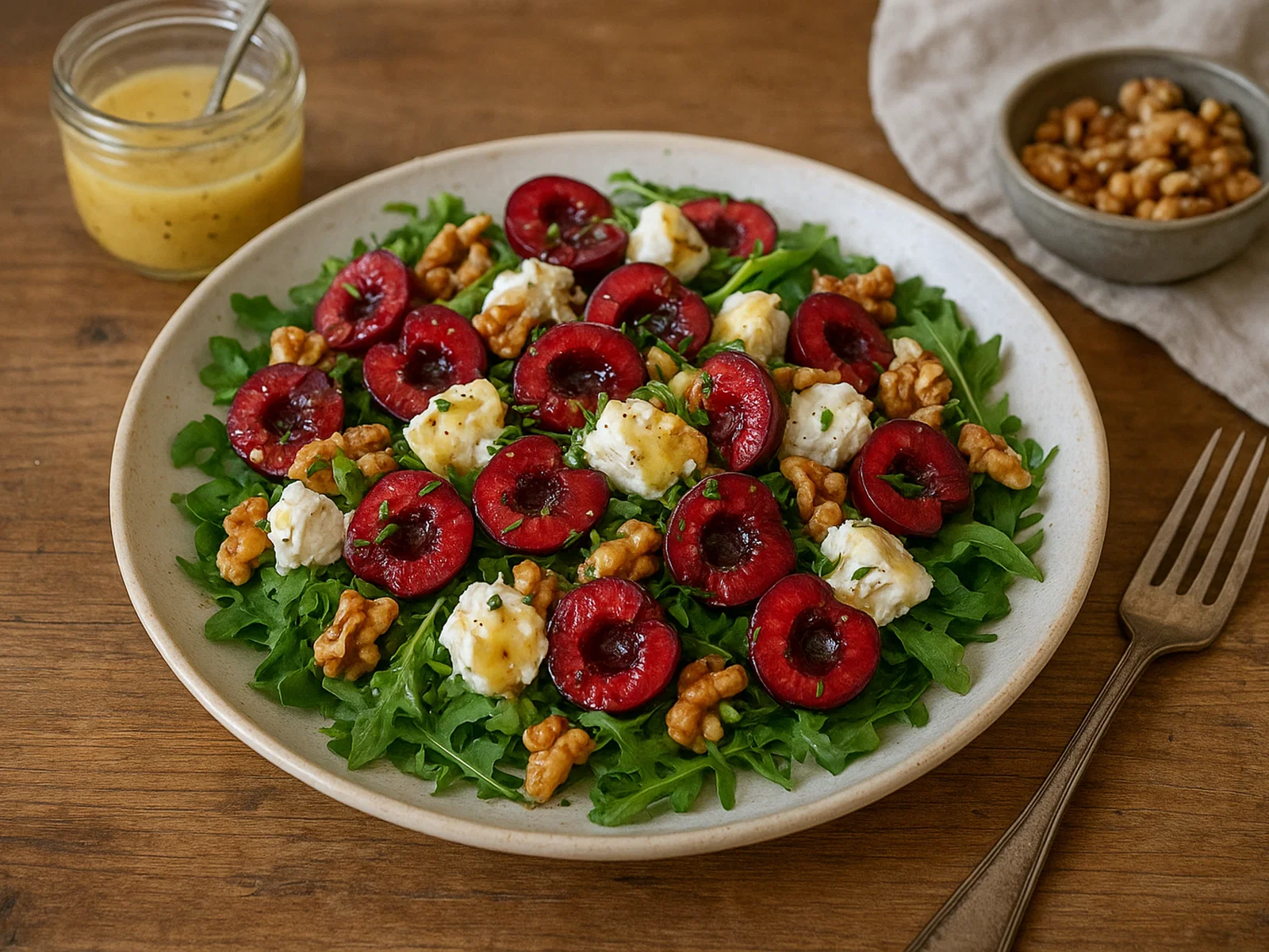 Kirsch-Salat mit Ziegenkäse und Honig-Senf-Dressing