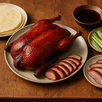 Klassische Peking-Ente mit Pfannkuchen, Lauchzwiebeln und Hoisin-Sauce