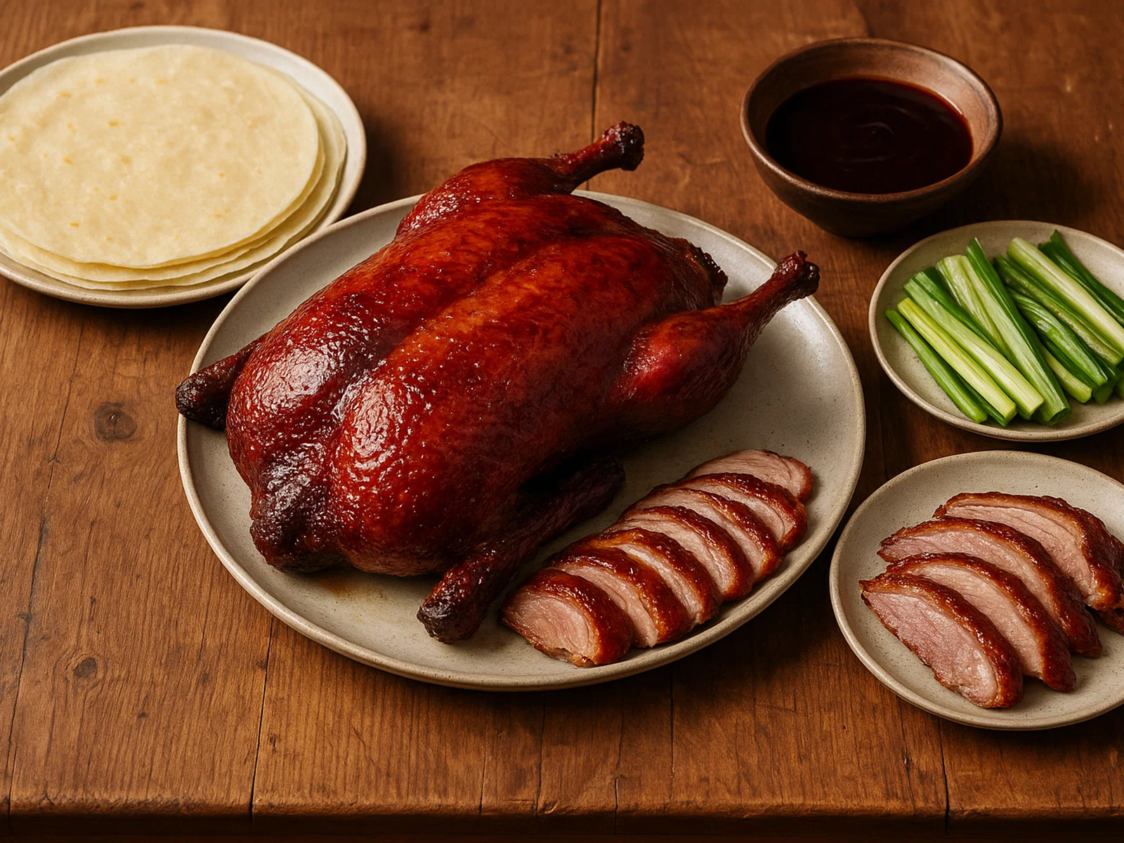 Klassische Peking-Ente mit Pfannkuchen, Lauchzwiebeln und Hoisin-Sauce