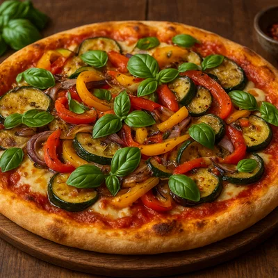 Vegetarische Pizza mit sautiertem Gemüse und frischem Basilikum