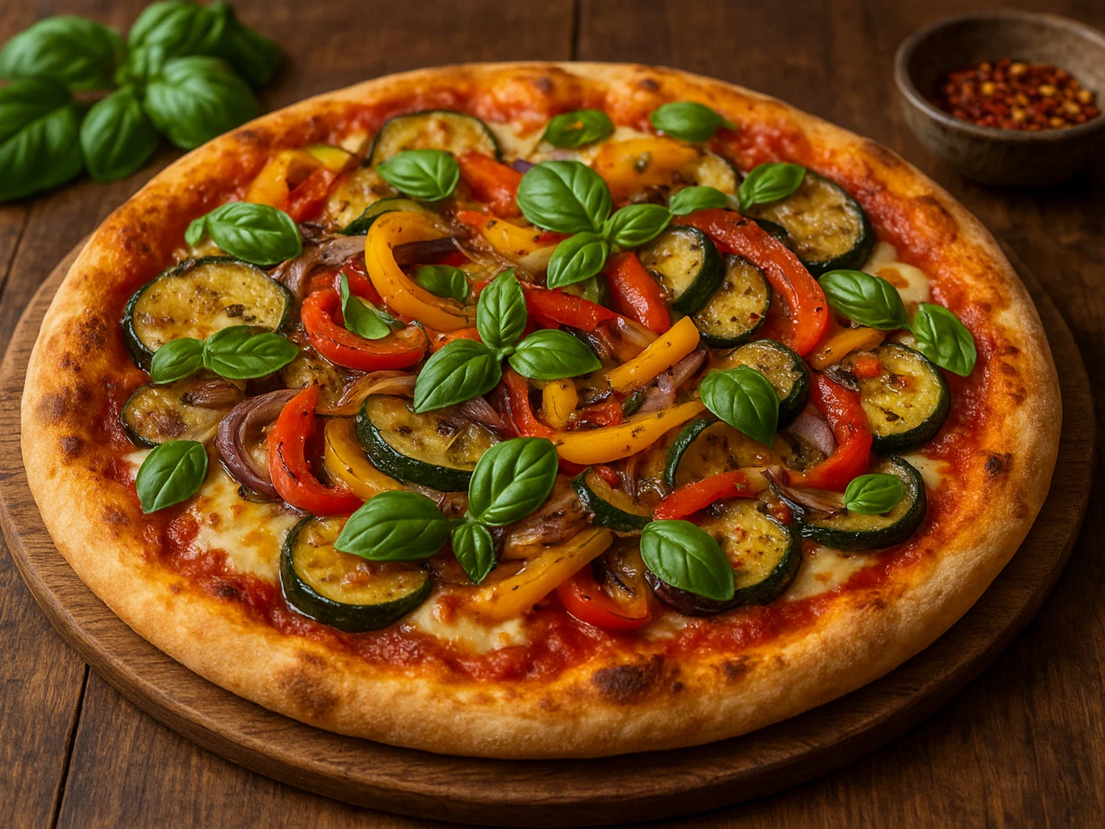 Vegetarische Pizza mit sautiertem Gemüse und frischem Basilikum