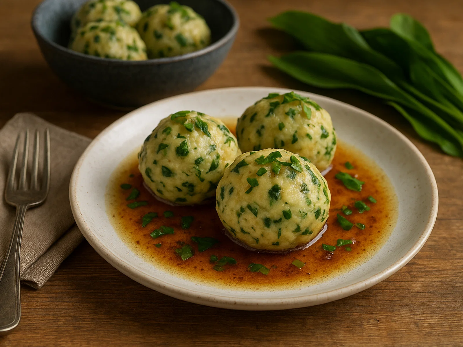 Bärlauch-Erdäpfelknödel mit brauner Butter