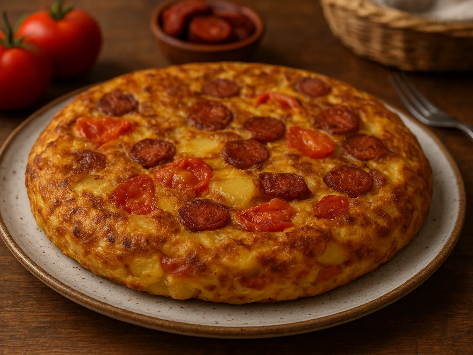 Gibraltarische Tortilla mit Kartoffeln, Tomaten und Chorizo
