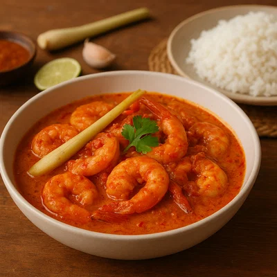 Udang Sambal Serai Bersantan (Garnelen in Sambal-Zitronengras-Kokossauce)