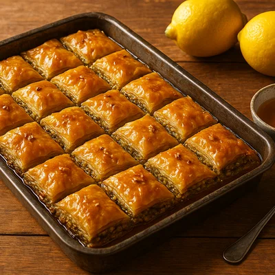 Türkische Baklava mit Nussfüllung und Zitronen-Zimt-Sirup