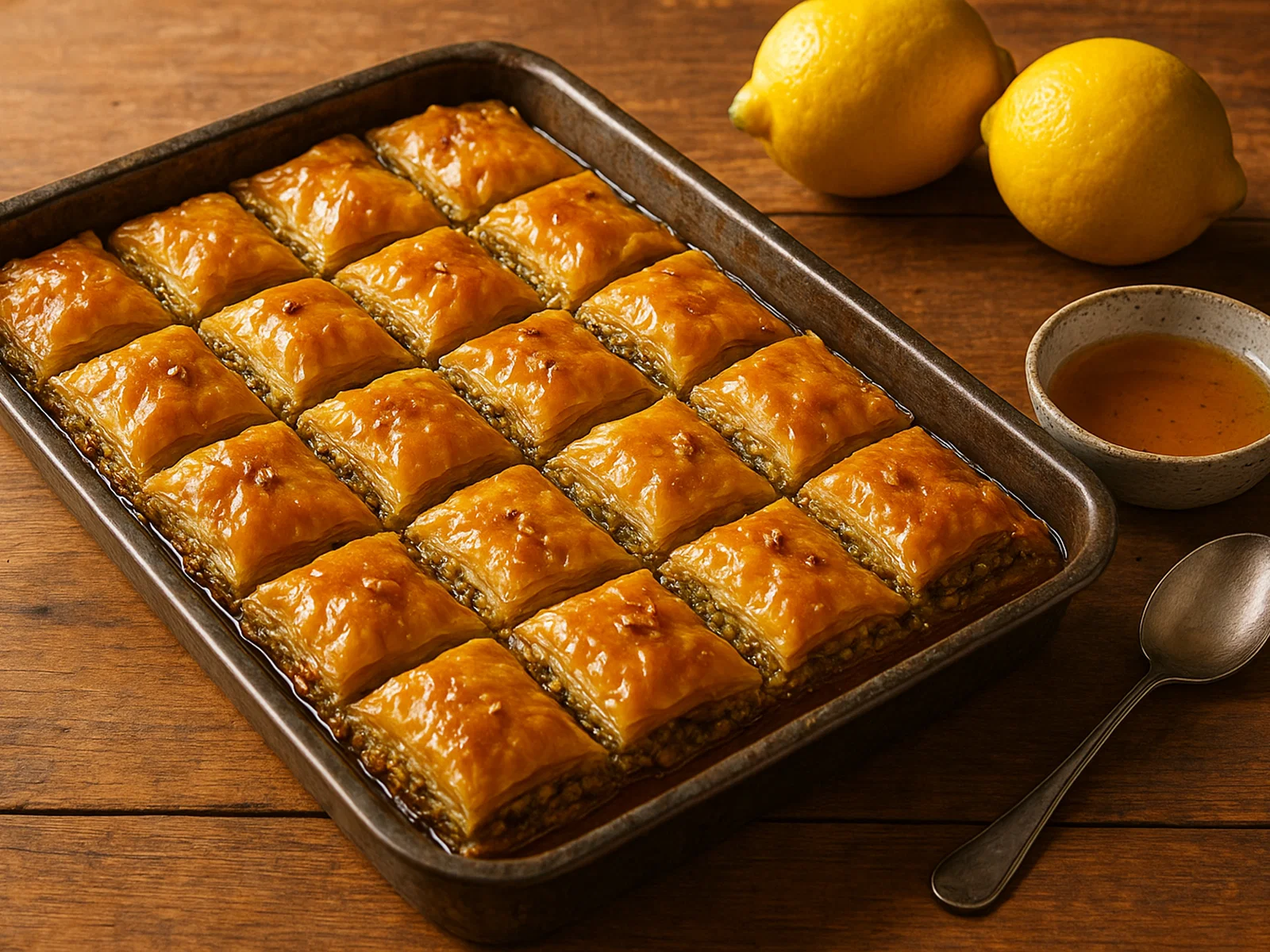 Türkische Baklava mit Nussfüllung und Zitronen-Zimt-Sirup