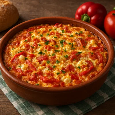 Albanische Fërgesë mit Paprika, Tomaten und Schafkäse