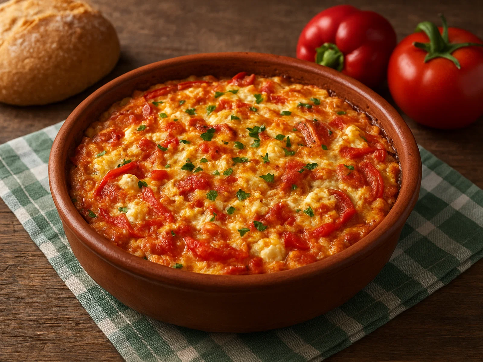 Albanische Fërgesë mit Paprika, Tomaten und Schafkäse