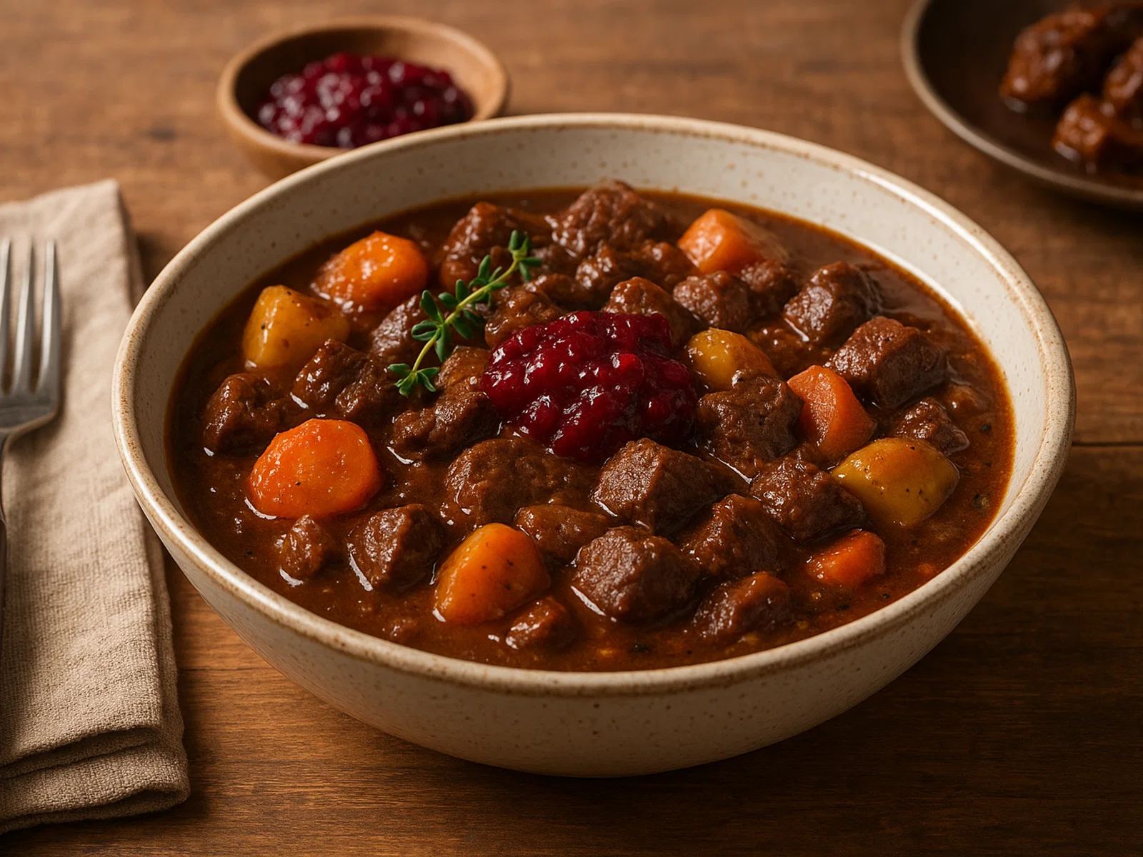 Rentiergulasch mit Preiselbeeren