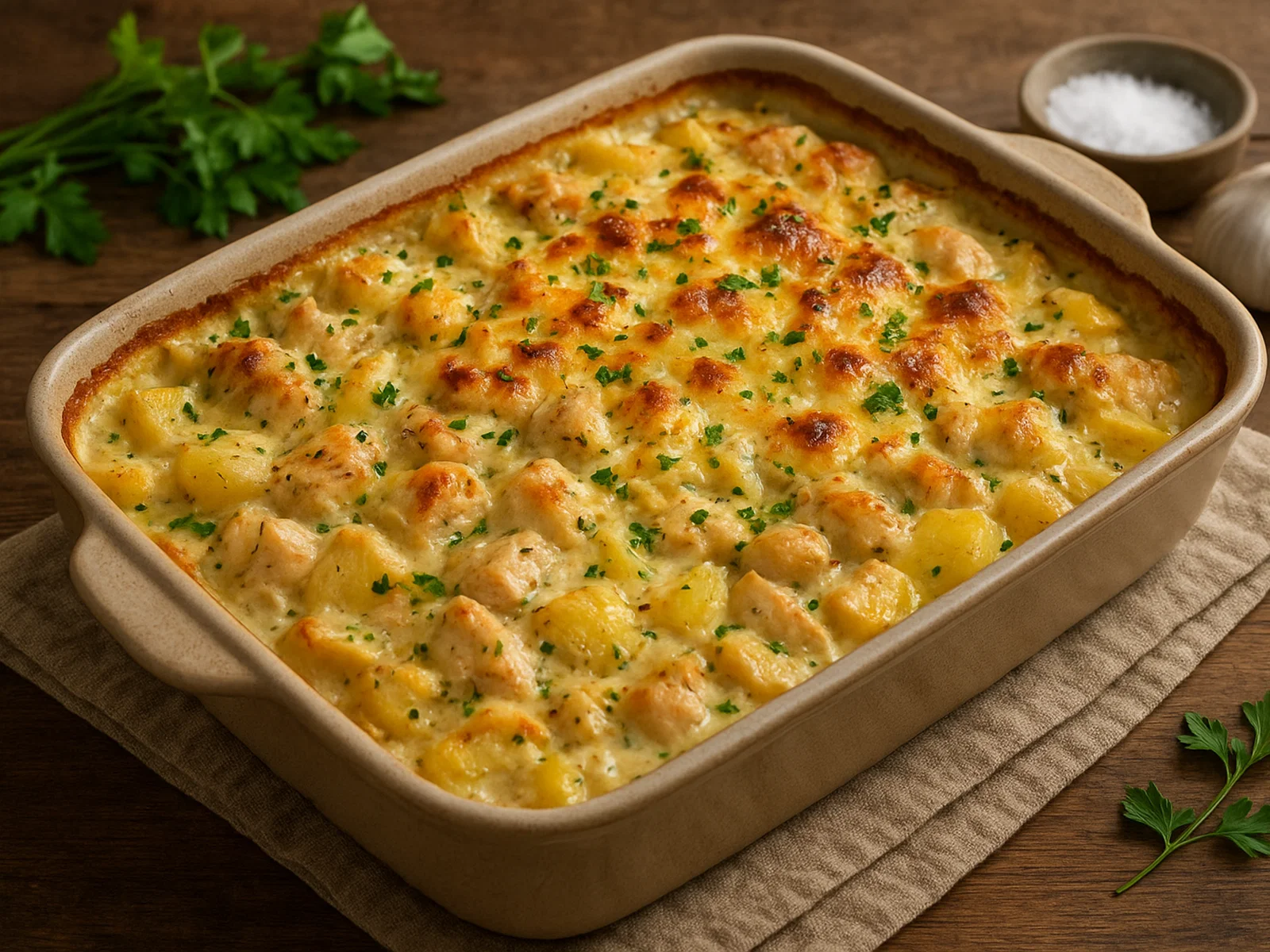 Cremiger Hühnchen-Kartoffel-Auflauf mit Kräutern