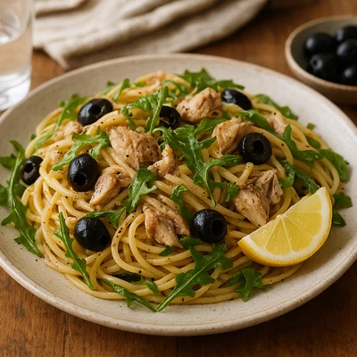 Makrelen-Pasta mit Oliven und Rucola