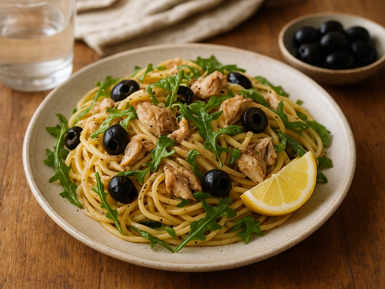 Makrelen-Pasta mit Oliven und Rucola