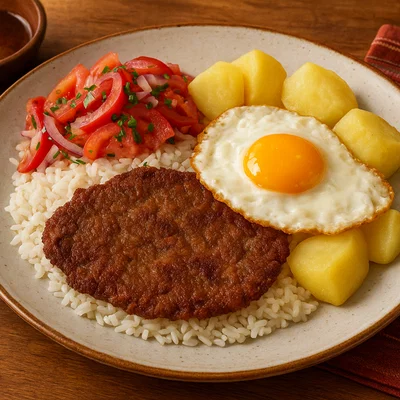 Bolivianisches Silpancho mit Reis, Kartoffeln und Spiegelei