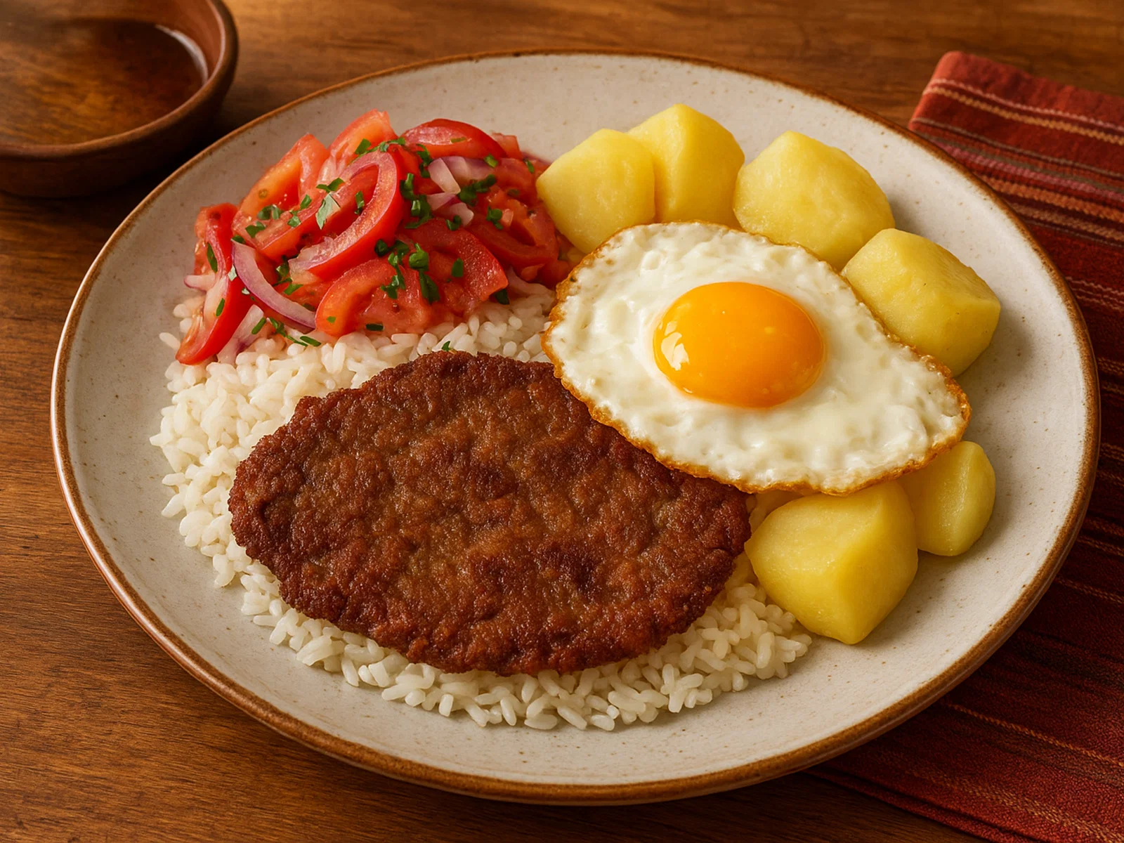 Bolivianisches Silpancho mit Reis, Kartoffeln und Spiegelei