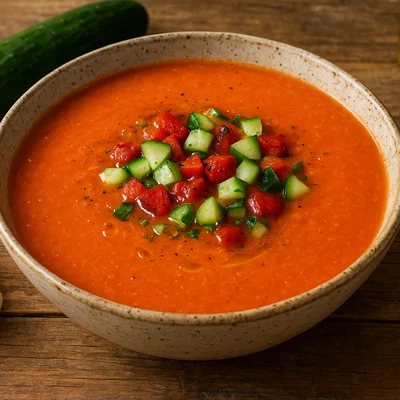 Gazpacho mit gerösteten Paprikawürfeln und frischer Gurke
