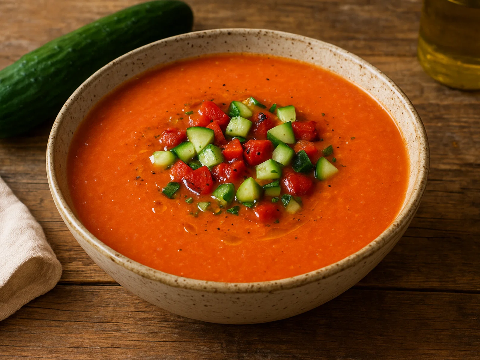 Gazpacho mit gerösteten Paprikawürfeln und frischer Gurke