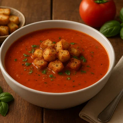 Tomaten-Basilikum-Suppe mit Knoblauchcroutons