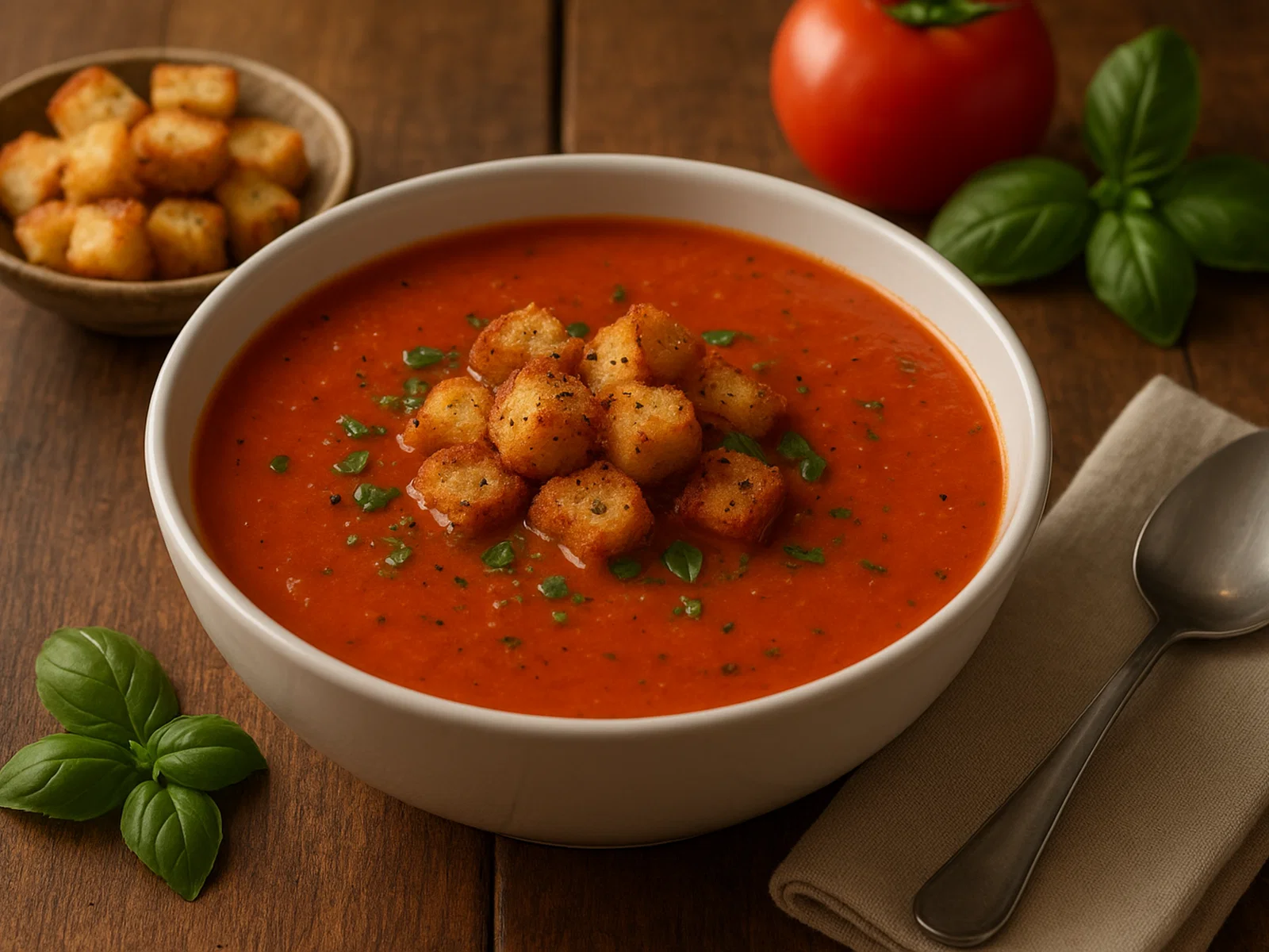 Tomaten-Basilikum-Suppe mit Knoblauchcroutons