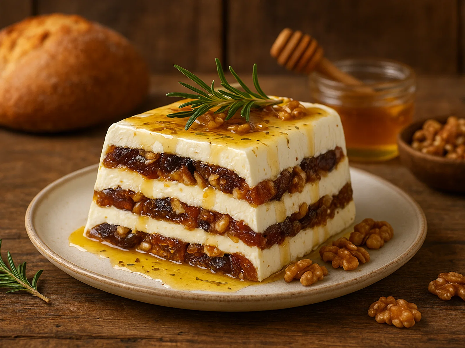 Ziegenkäse-Terrine mit getrockneten Früchten und Honig-Rosmarin-Aroma