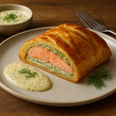 Lachs in Blätterteig mit Dill-Senf-Sauce