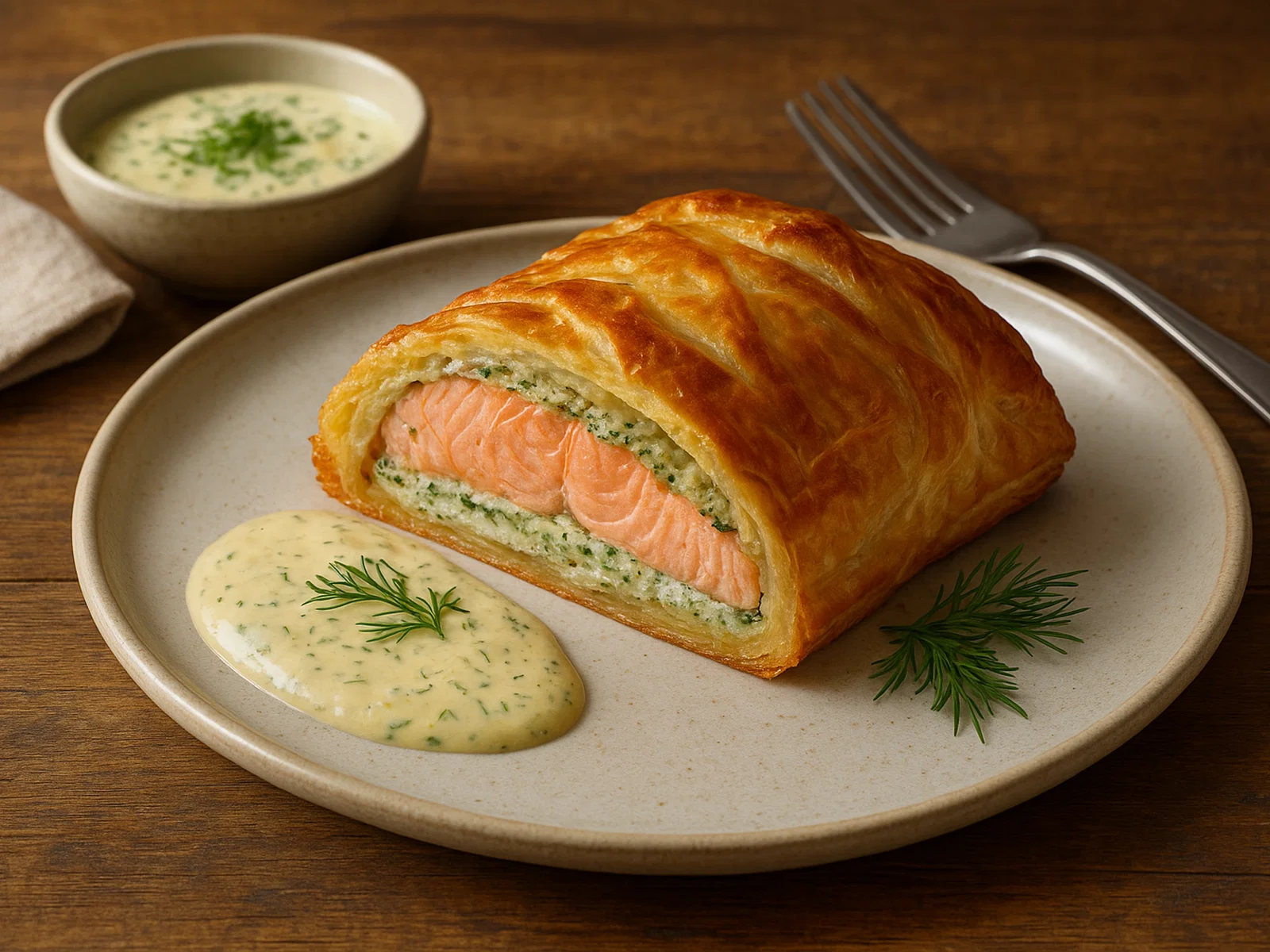 Lachs in Blätterteig mit Dill-Senf-Sauce