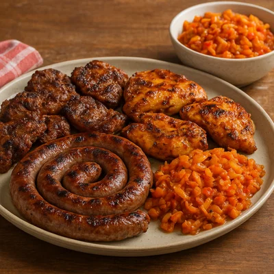 Südafrikanisches Braai mit gemischtem Grillfleisch, Boerewors und Chakalaka