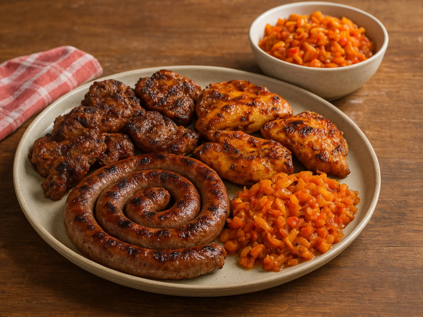 Südafrikanisches Braai mit gemischtem Grillfleisch, Boerewors und Chakalaka