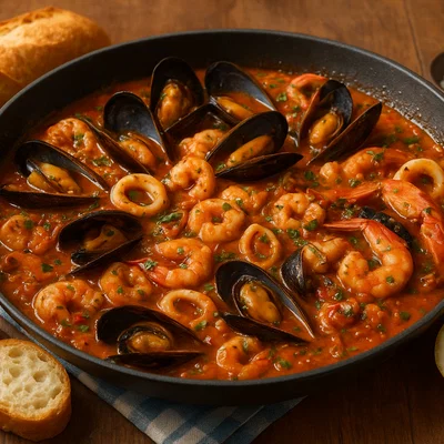 Fruits de Mer in würziger Weißwein-Tomaten-Sauce