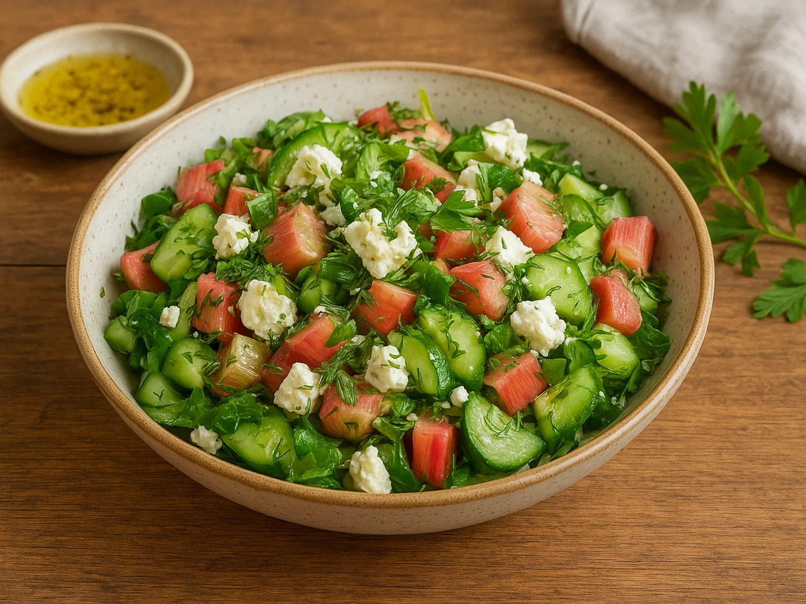 Rhabarber-Salat mit Feta und frischen Kräutern