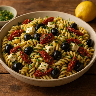 Mediterraner Nudelsalat mit getrockneten Tomaten und Oliven