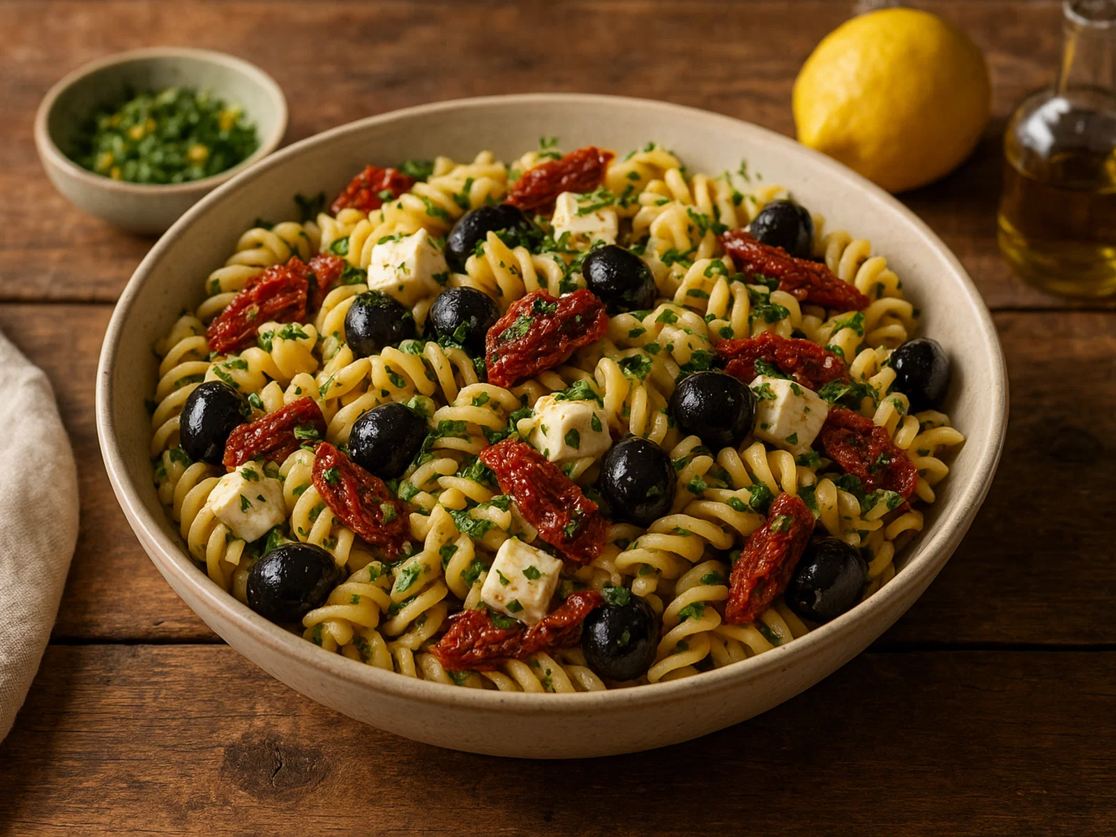 Mediterraner Nudelsalat mit getrockneten Tomaten und Oliven