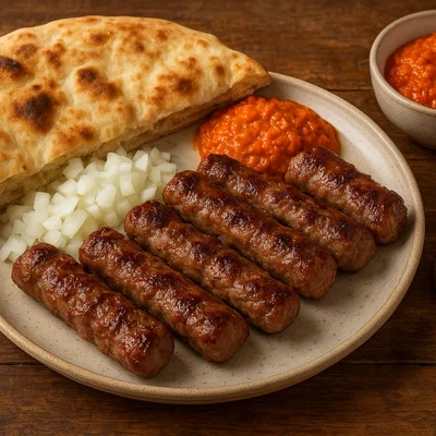 Čevapi mit Fladenbrot, Zwiebeln und Ajvar