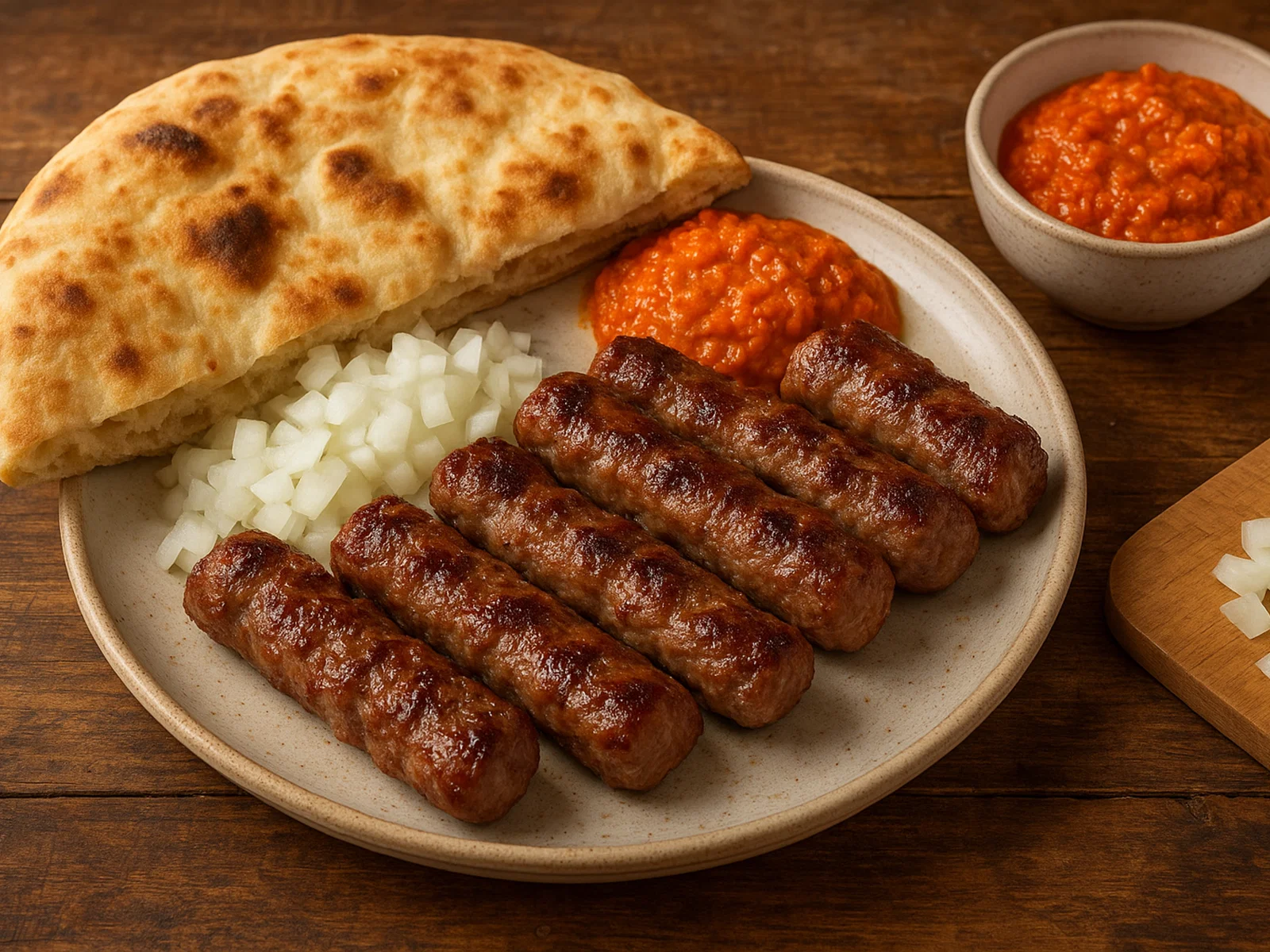 Čevapi mit Fladenbrot, Zwiebeln und Ajvar