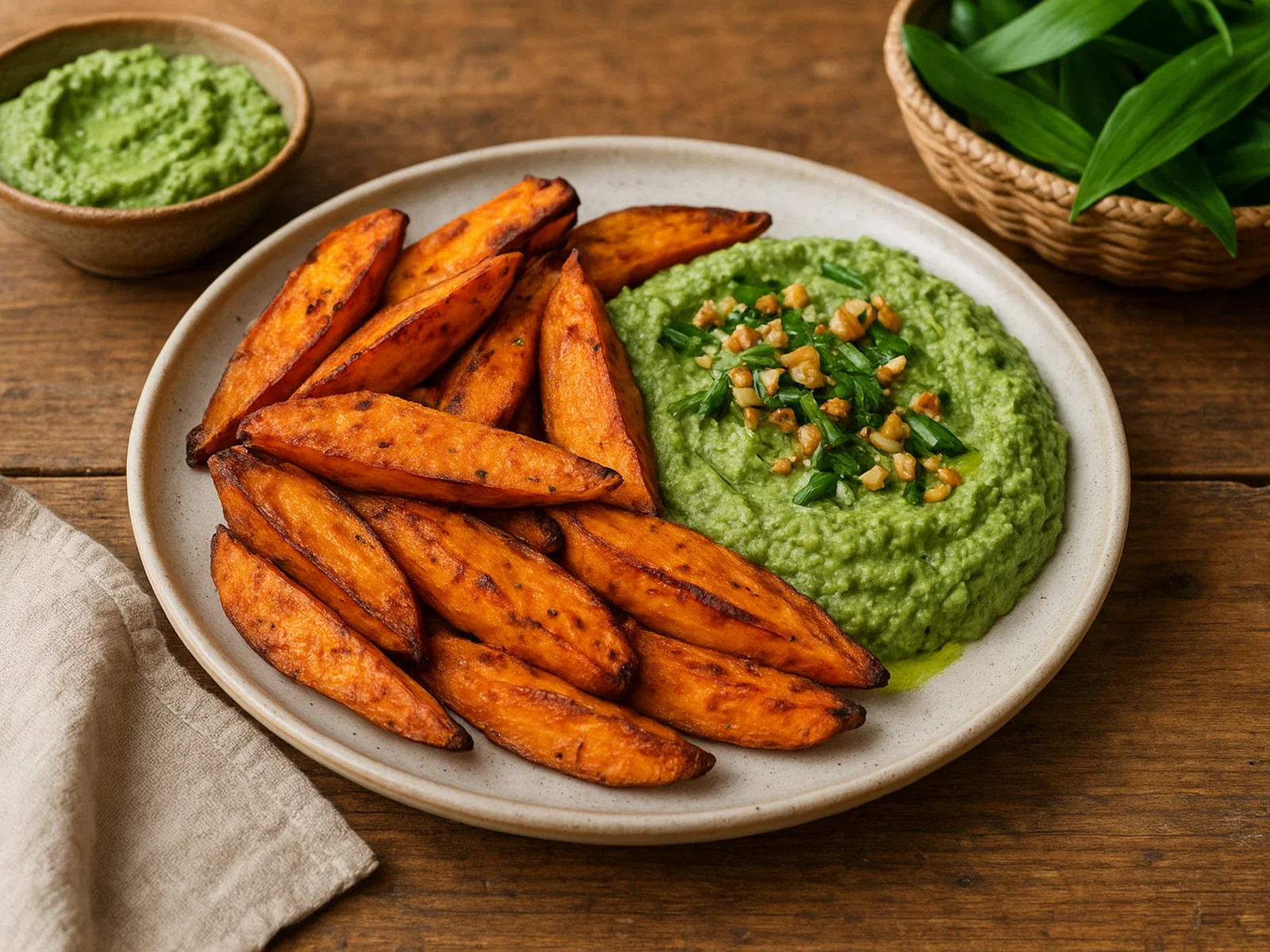 Süßkartoffeln mit Bärlauch-Hummus