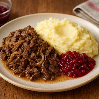 Poronkäristys – Finnischer Rentierfleischtopf mit Kartoffelpüree und Preiselbeeren