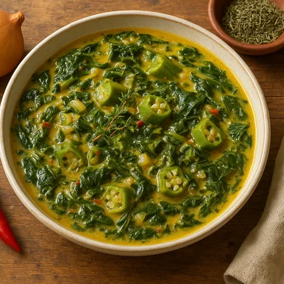 Karibisches Kallaloo mit Blattgemüse, Okra und Kokosmilch