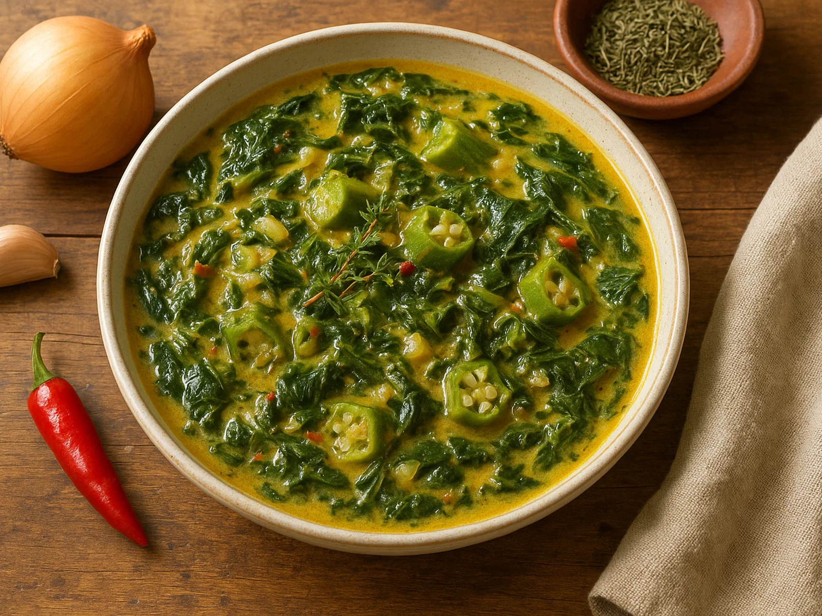 Karibisches Kallaloo mit Blattgemüse, Okra und Kokosmilch
