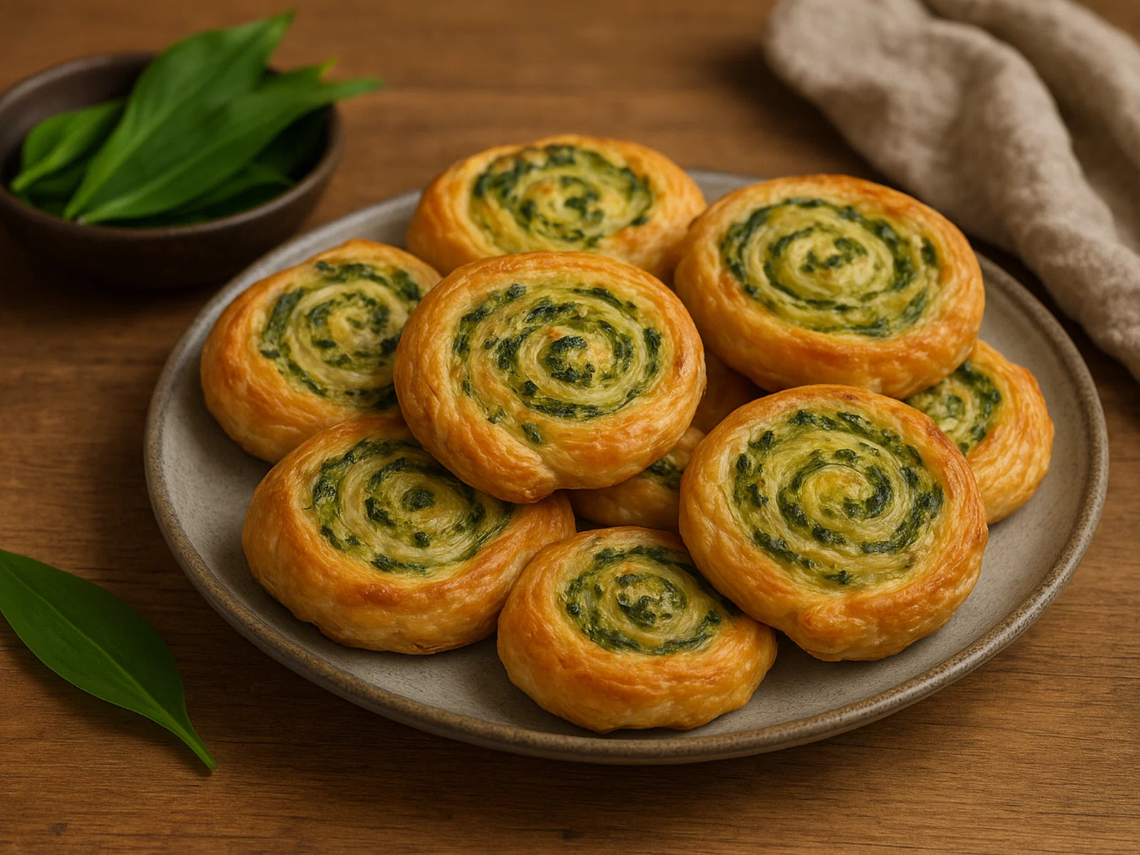 Bärlauch‑Blätterteig‑Schnecken mit Frischkäse