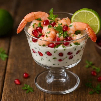 Granatapfel-Garnelen-Cocktail mit Limette und frischen Kräutern